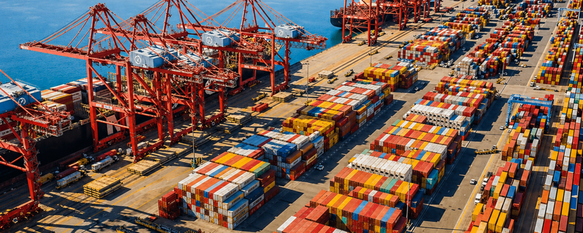 Shipping containers at a busy U.S. port terminal representing steel imports and global supply chain logistics