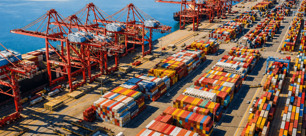 Shipping containers at a busy U.S. port terminal representing steel imports and global supply chain logistics