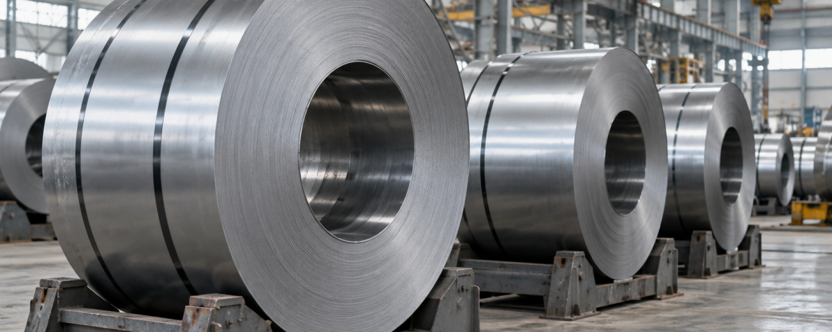 Steel sheet coils resting on cradles inside an industrial warehouse