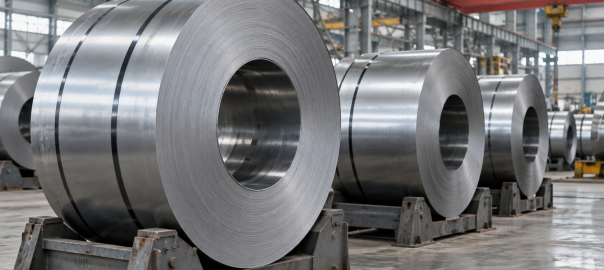 Steel sheet coils resting on cradles inside an industrial warehouse